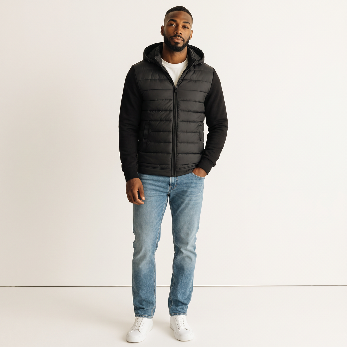 Chriss-Tians Men’s Warm Hybrid Jacket – Quilted Front Hooded Design