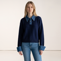 Chriss-Tians Women’s Polo Neck Sweater Denim Contrast Knit