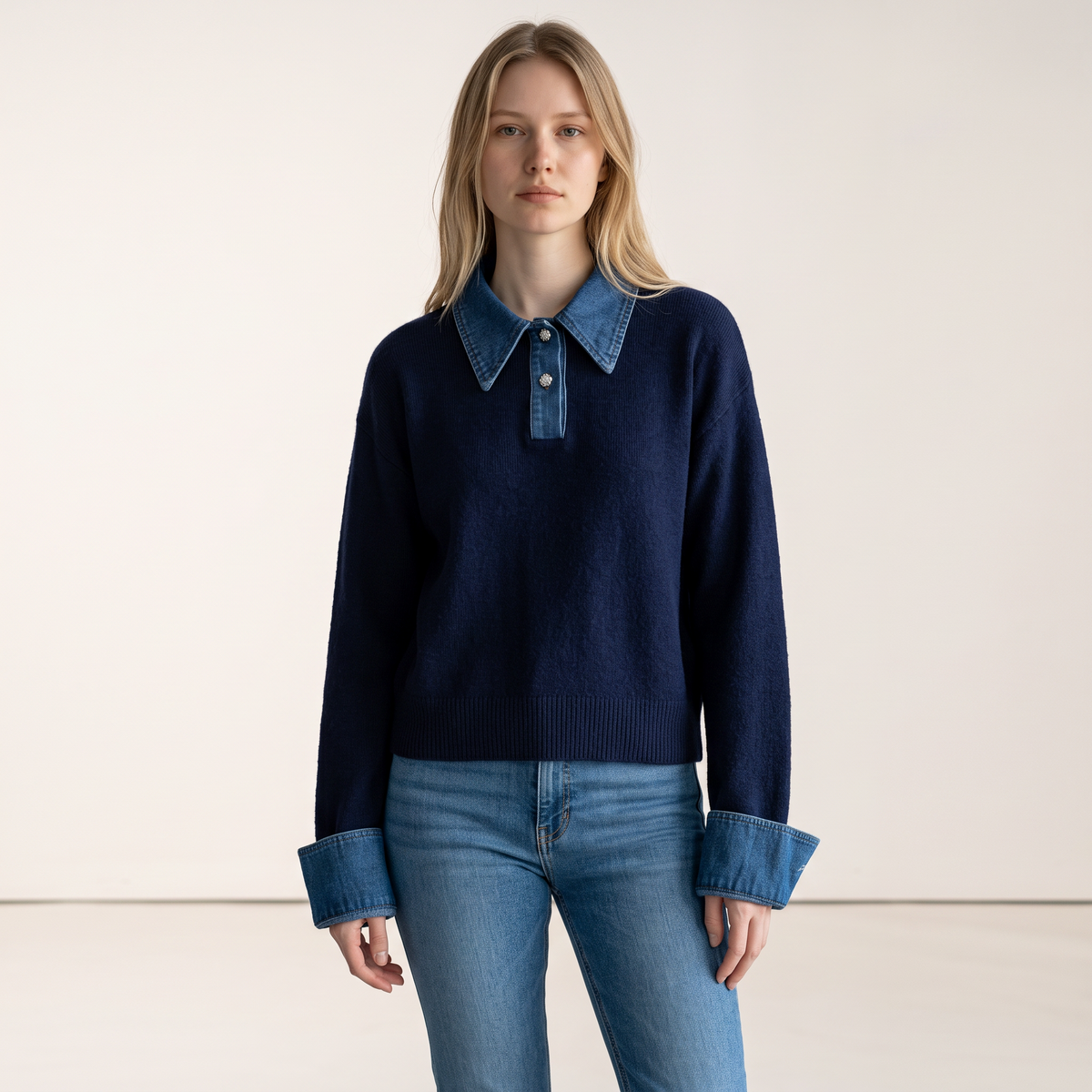 Chriss-Tians Women’s Polo Neck Sweater Denim Contrast Knit