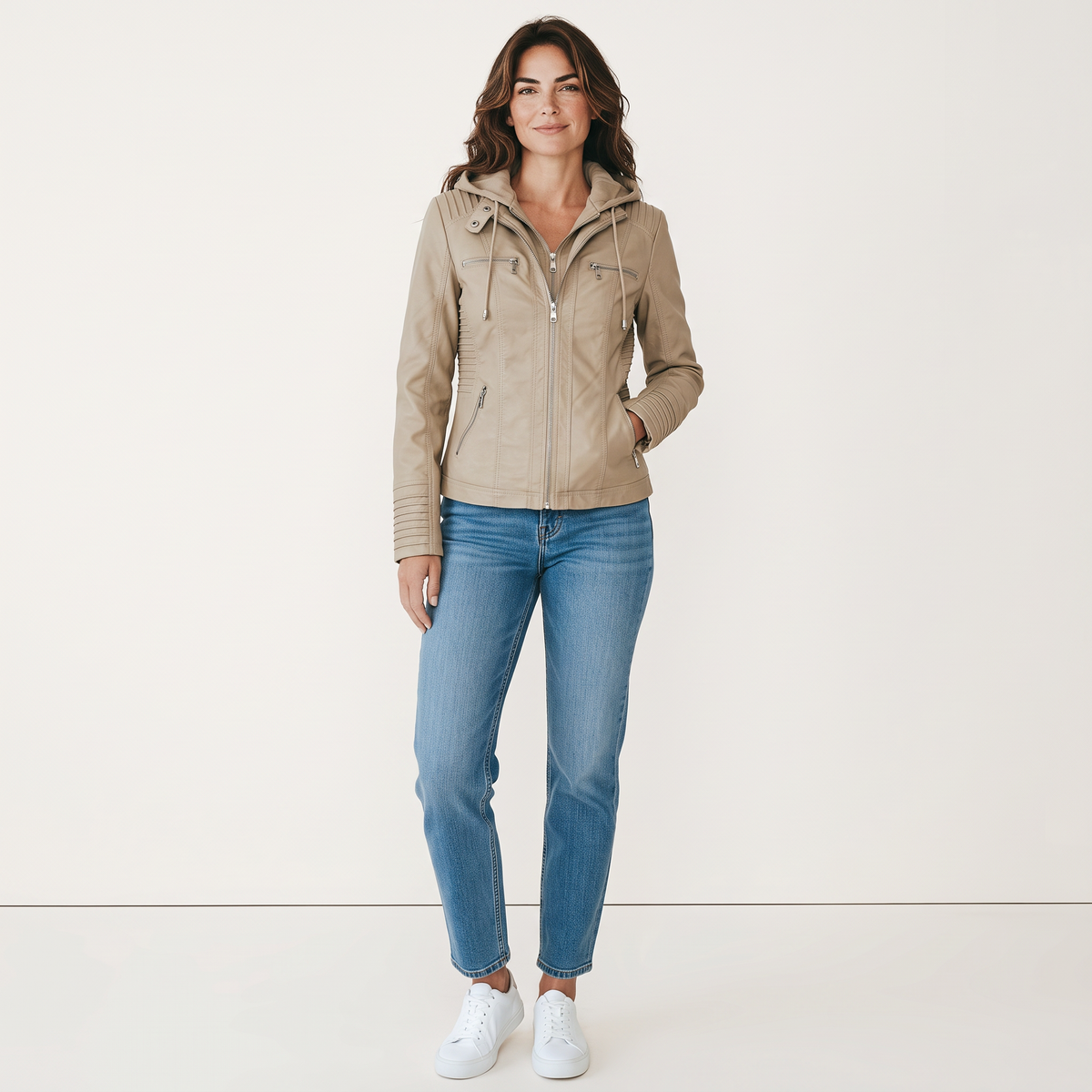 Chriss-Tians Women’s Leather Jacket – Detachable Hood Zip Front