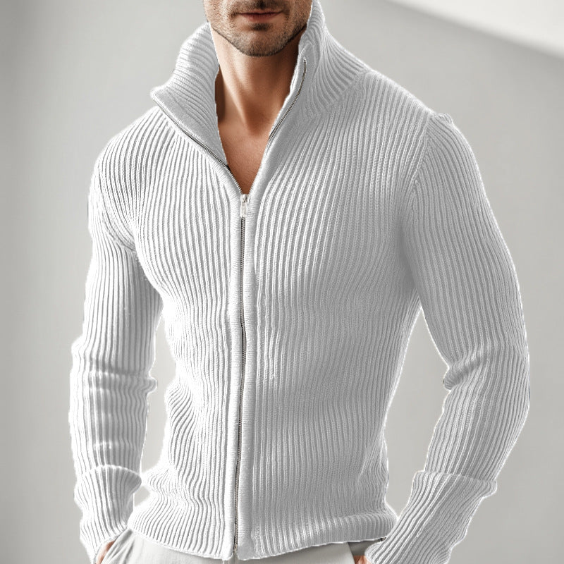 Cross-Border European And American New Style Men's Versatile Zip-Up Cardigan Long-Sleeve Jacket With Ribbed Stand Collar, Slim-Fit Solid Color Top