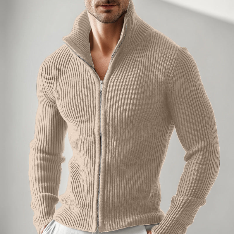 Cross-Border European And American New Style Men's Versatile Zip-Up Cardigan Long-Sleeve Jacket With Ribbed Stand Collar, Slim-Fit Solid Color Top