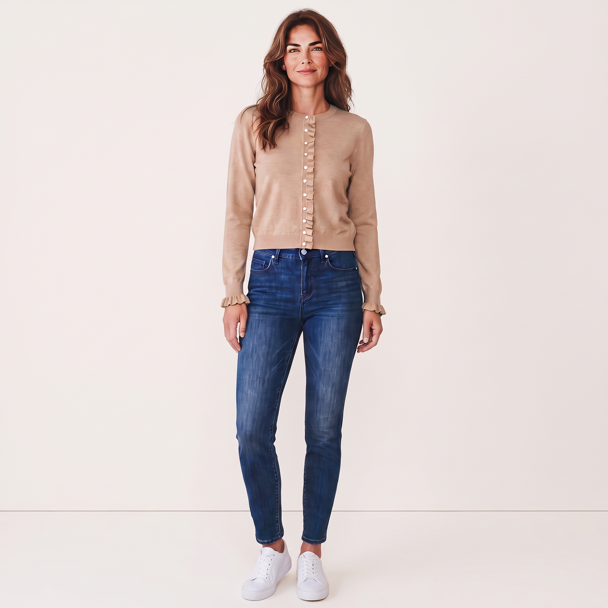 Chriss-Tians Women’s Knit Cardigan – Round Neck Ruffle Trim