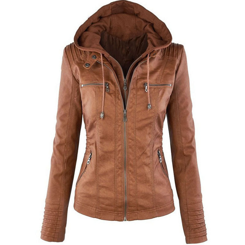 Chriss-Tians Women’s Leather Jacket – Detachable Hood Zip Front