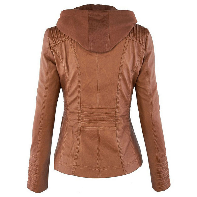 Chriss-Tians Women’s Leather Jacket – Detachable Hood Zip Front