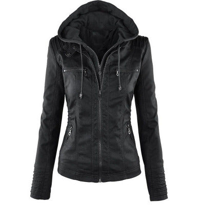 Chriss-Tians Women’s Leather Jacket – Detachable Hood Zip Front