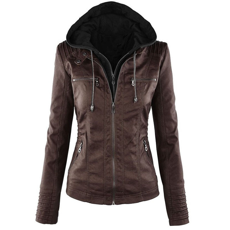 Chriss-Tians Women’s Leather Jacket – Detachable Hood Zip Front