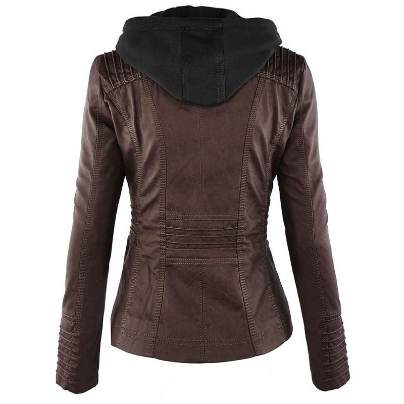Chriss-Tians Women’s Leather Jacket – Detachable Hood Zip Front