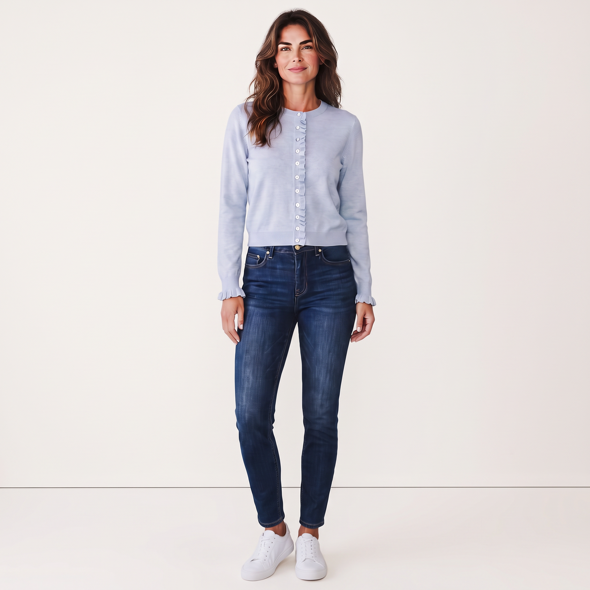 Chriss-Tians Women’s Knit Cardigan – Round Neck Ruffle Trim