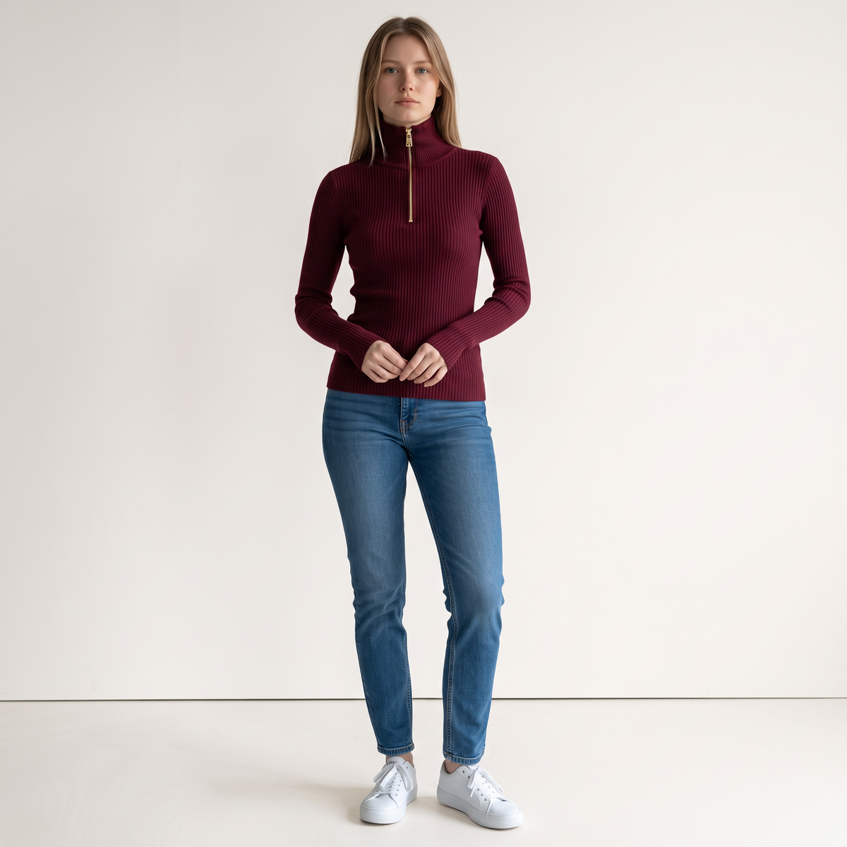 Chriss-Tians Women’s Half Zip Knit Top High Neck Slim Fit