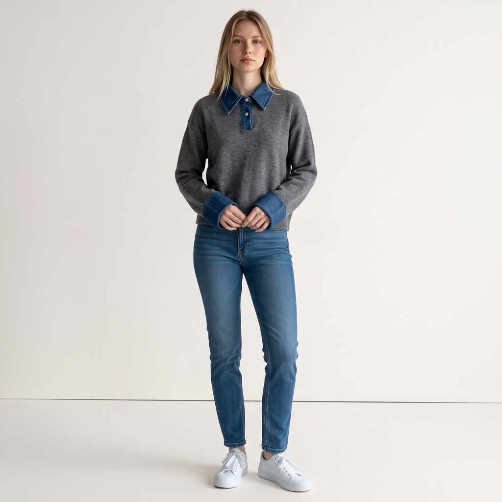 Chriss-Tians Women’s Polo Neck Sweater Denim Contrast Knit