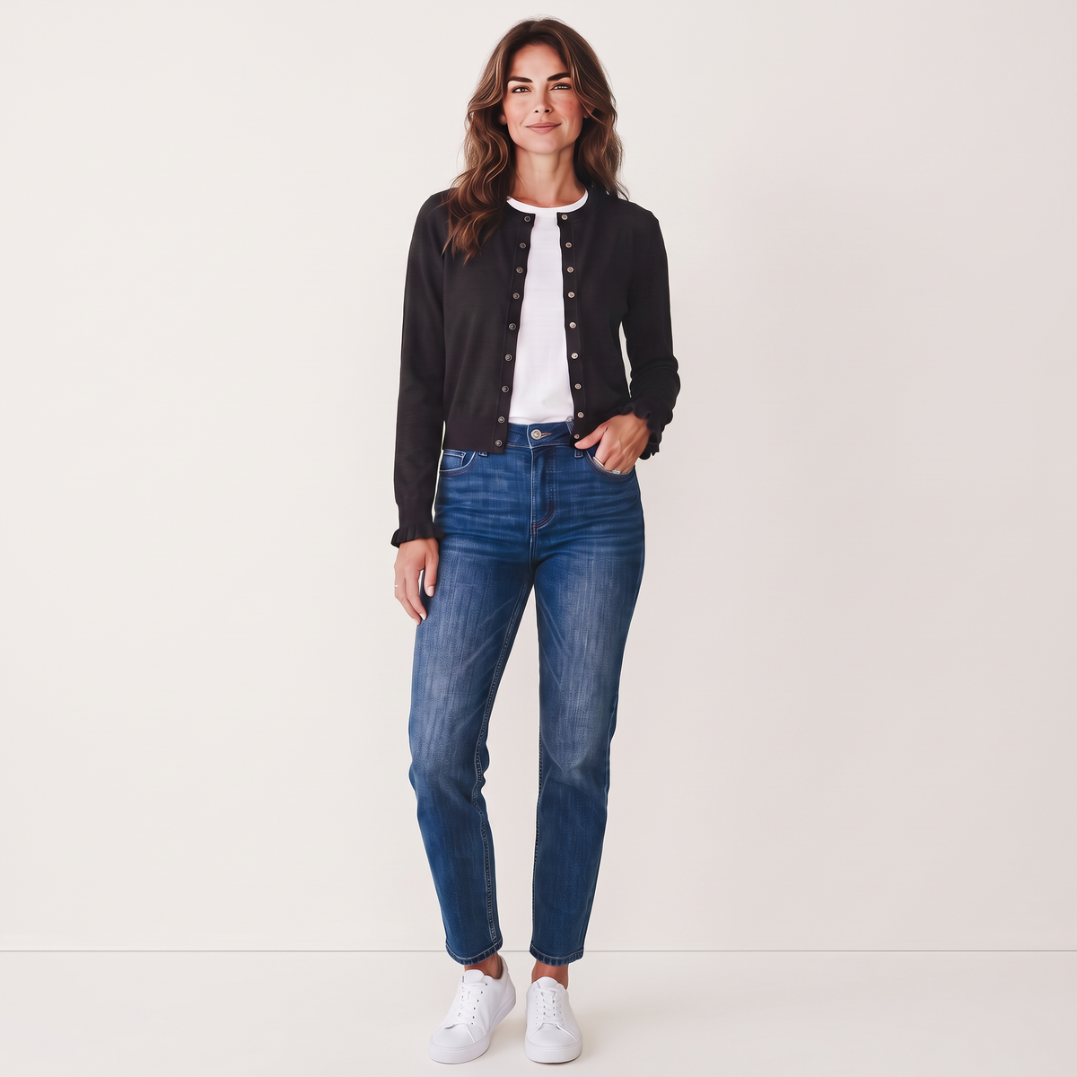 Chriss-Tians Women’s Knit Cardigan – Round Neck Ruffle Trim