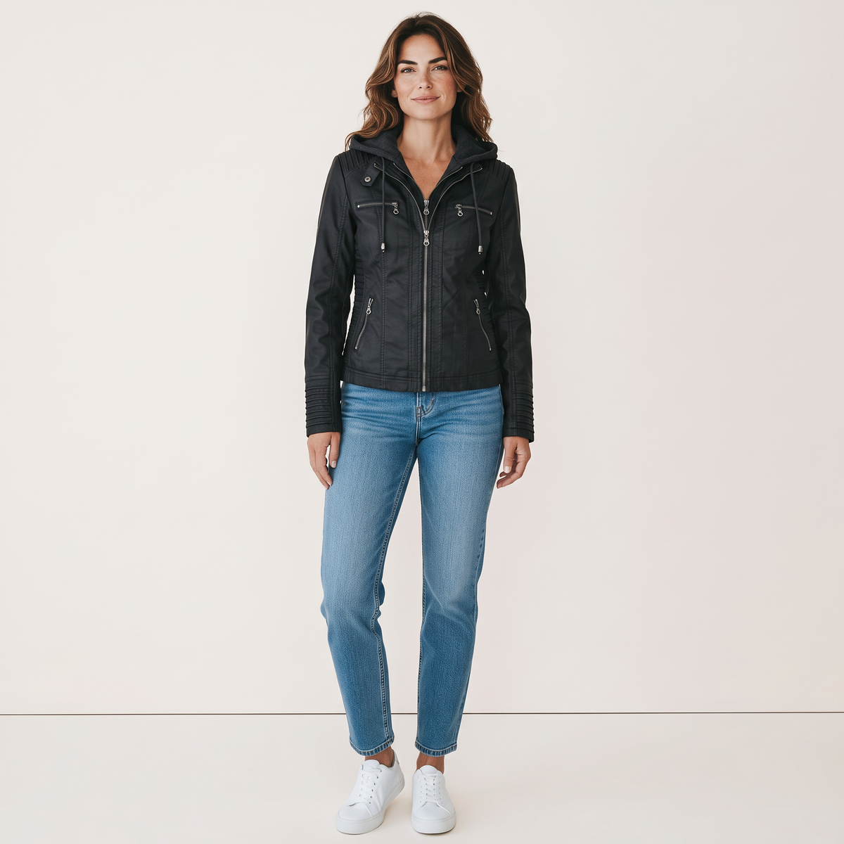 Chriss-Tians Women’s Leather Jacket – Detachable Hood Zip Front
