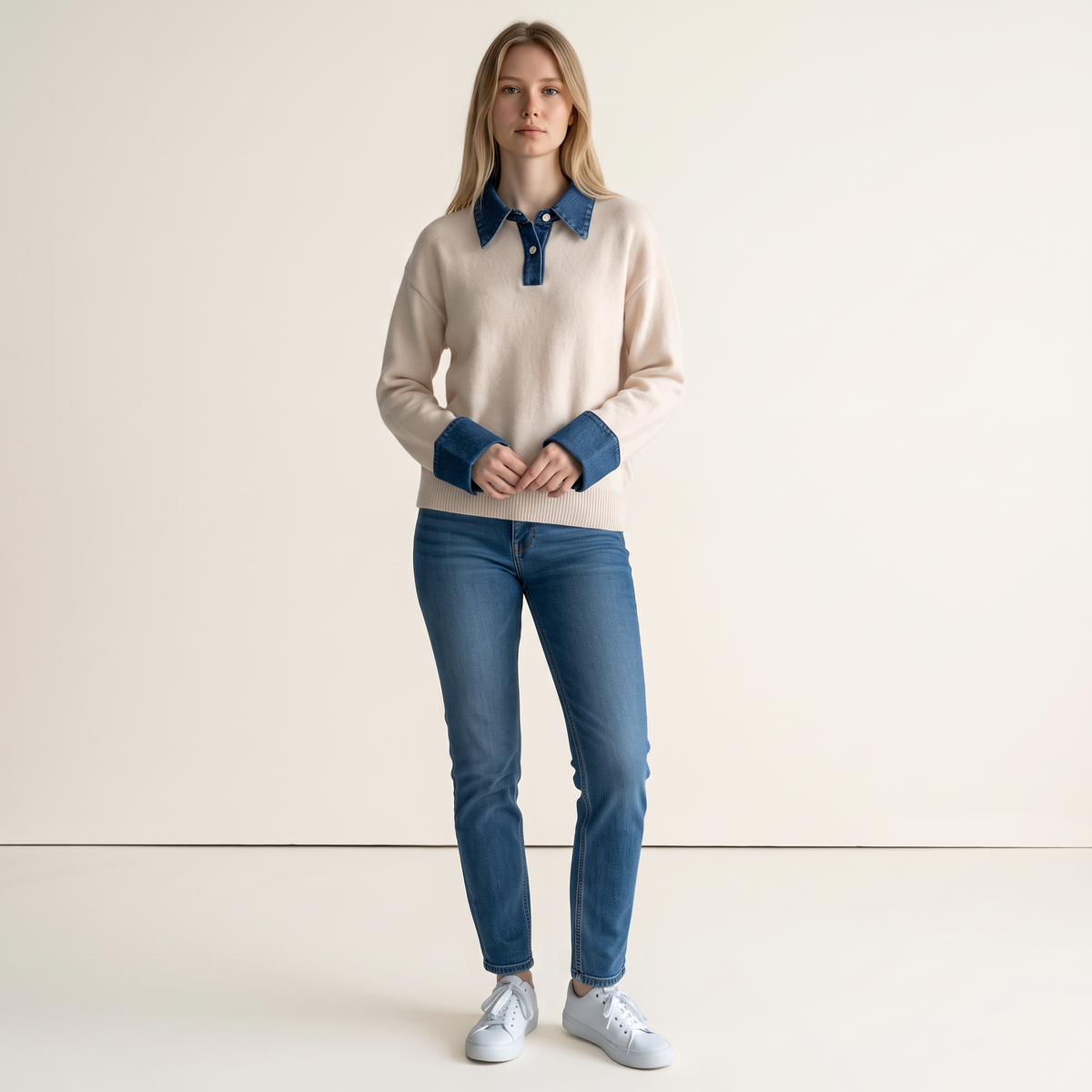 Chriss-Tians Women’s Polo Neck Sweater Denim Contrast Knit