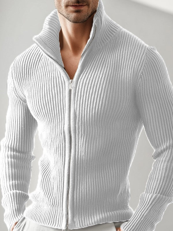 Cross-Border European And American New Style Men's Versatile Zip-Up Cardigan Long-Sleeve Jacket With Ribbed Stand Collar, Slim-Fit Solid Color Top