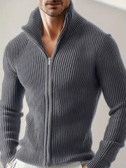 Cross-Border European And American New Style Men's Versatile Zip-Up Cardigan Long-Sleeve Jacket With Ribbed Stand Collar, Slim-Fit Solid Color Top