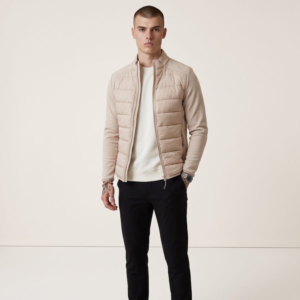 Chriss-Tians Men’s Quilted Jacket – Wind Resistant Tech Stretch Sand