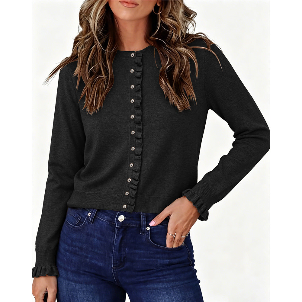 Chriss-Tians Women’s Knit Cardigan – Round Neck Ruffle Trim