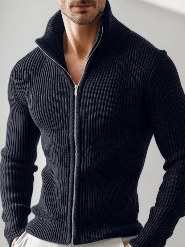 Cross-Border European And American New Style Men's Versatile Zip-Up Cardigan Long-Sleeve Jacket With Ribbed Stand Collar, Slim-Fit Solid Color Top