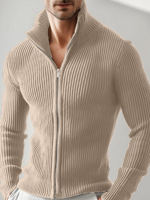 Cross-Border European And American New Style Men's Versatile Zip-Up Cardigan Long-Sleeve Jacket With Ribbed Stand Collar, Slim-Fit Solid Color Top