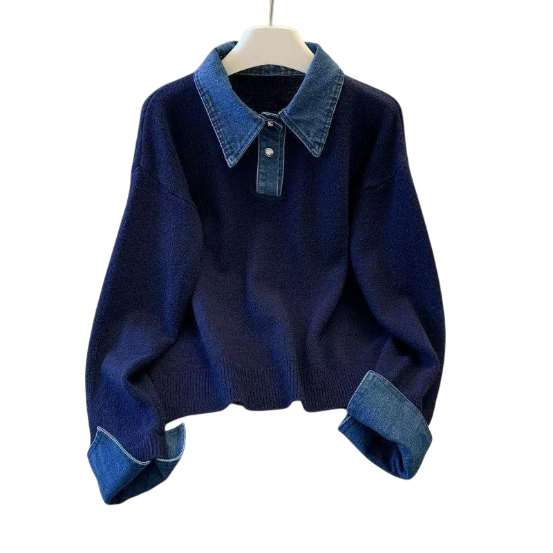 Chriss-Tians Women’s Polo Neck Sweater Denim Contrast Knit