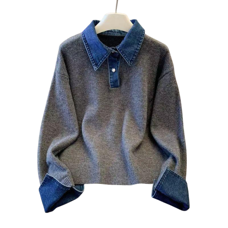 Chriss-Tians Women’s Polo Neck Sweater Denim Contrast Knit