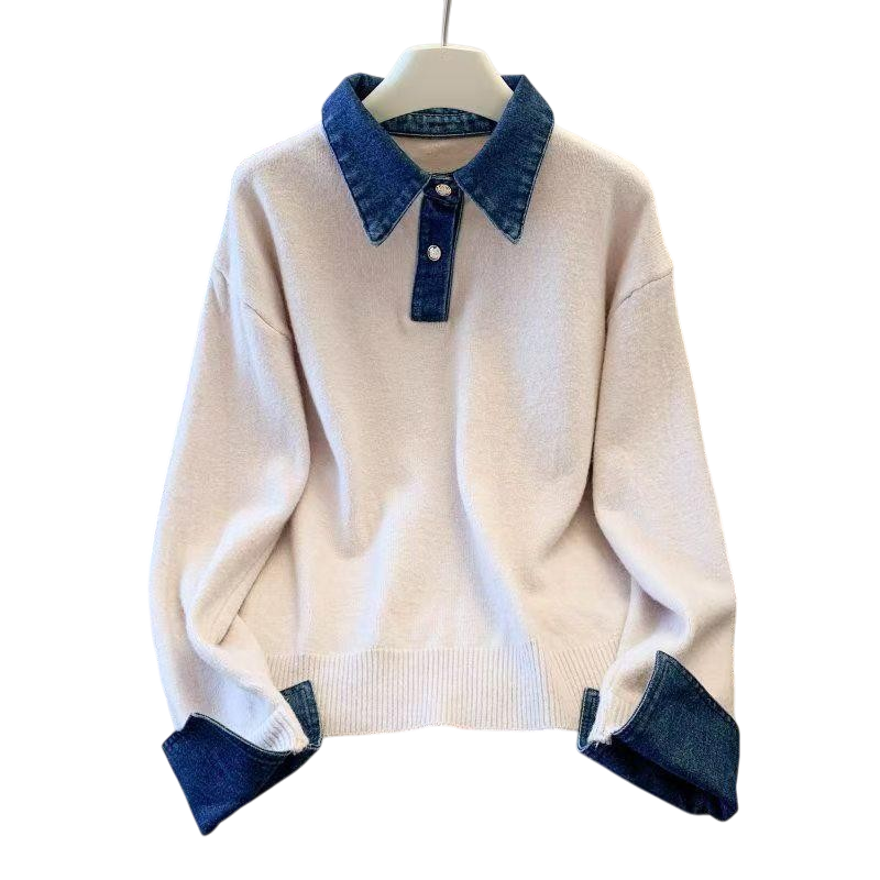 Chriss-Tians Women’s Polo Neck Sweater Denim Contrast Knit